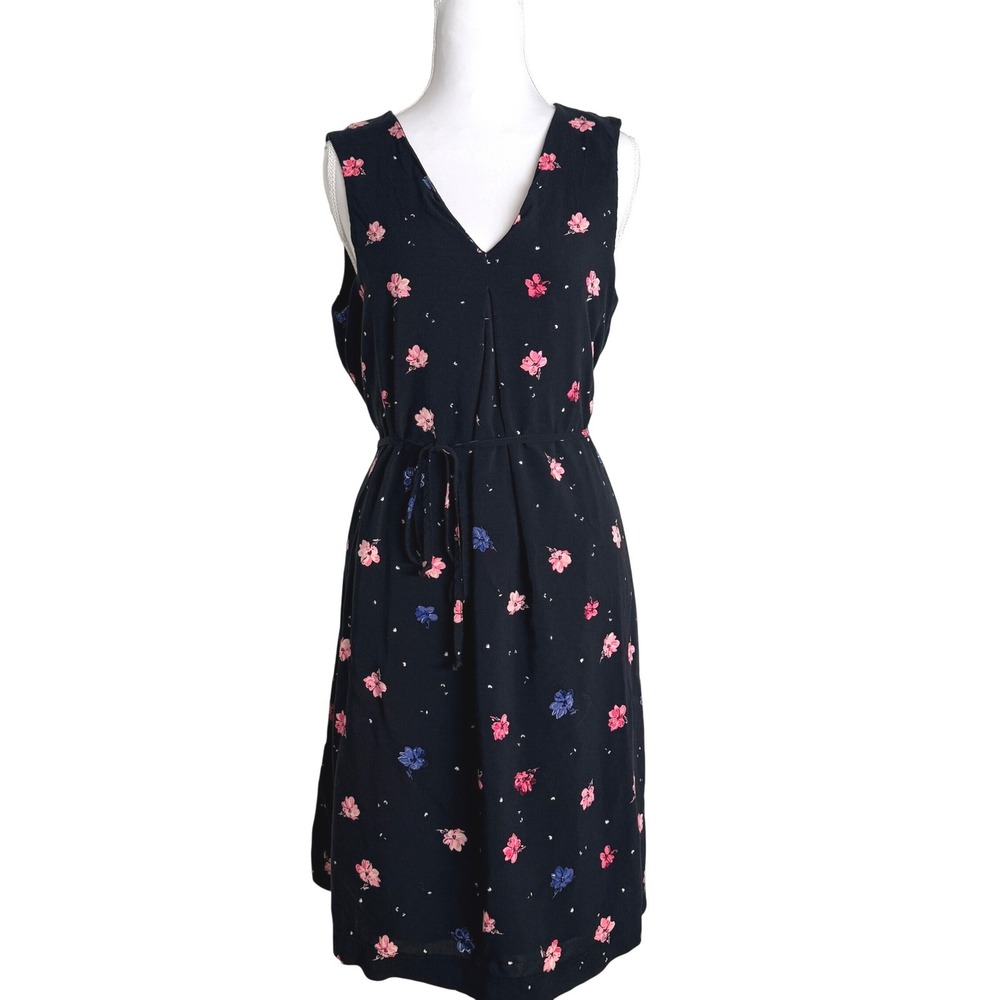 ELLE Floral Sleeveless Dress Womens Medium Black Pink V-Neck Cinched‎ Waist Tie